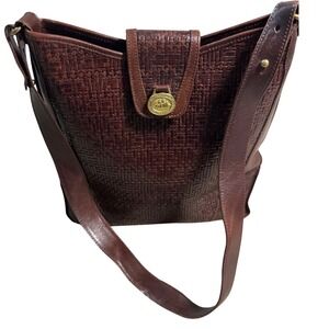 Brahmin Brown Woven Leather Shoulder Bag with Gold Tone Medallion